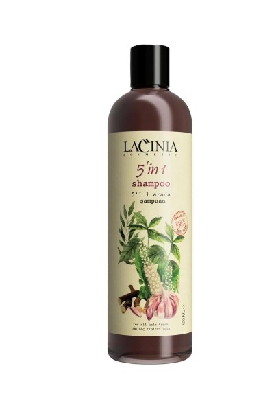 LACINIA šampūnas 5 in 1. Šampūnas maitina plaukų folikolus juodųjų šeivamedžių ekstraktu su dilgėlių šaknų ekstraktu, padeda sumažinti plaukų slinkimą ir sustiprina plauką nuo šaknų iki galiukų. 400ml. BE PARABENŲ. 